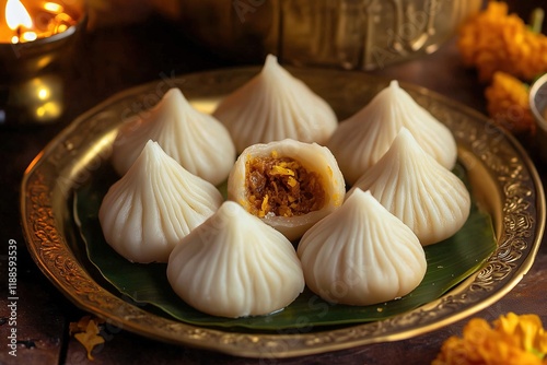 Traditional Steamed Modaks on Banana Leaf with Festive Brass Plate, Diya, and Marigold Flowers photo