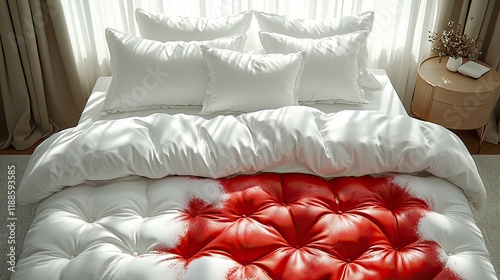 Blood stain forming on white bed sheets in bedroom: nightmare concept