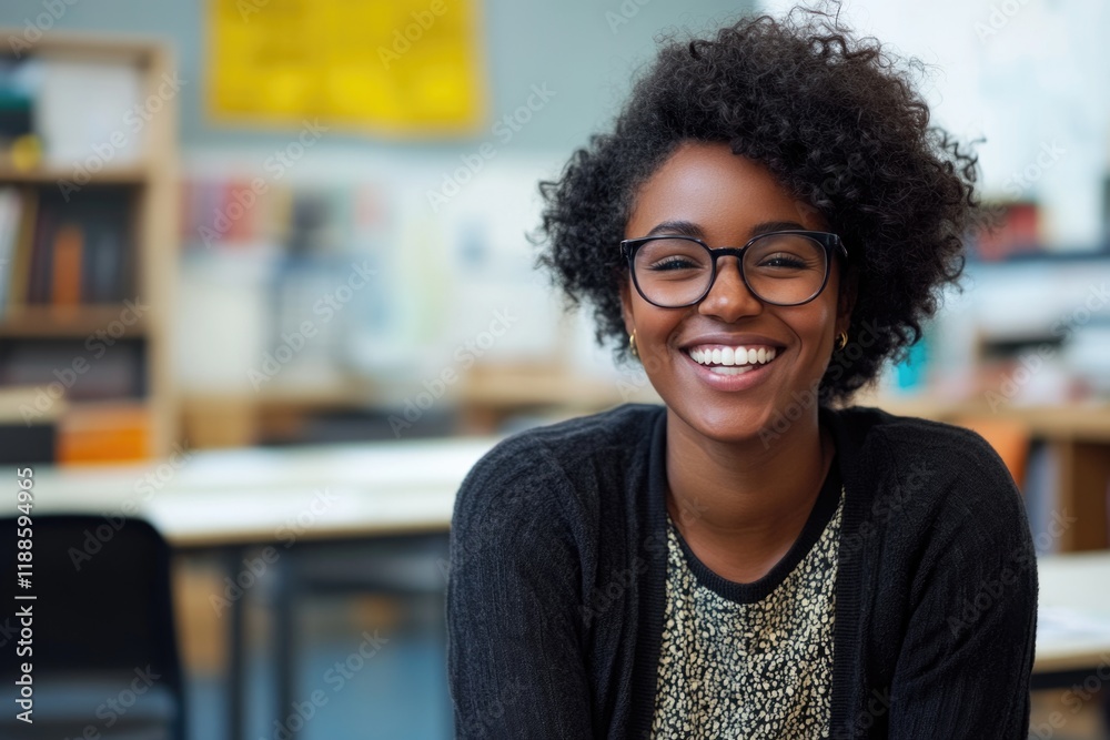 Smiling woman wearing glasses is sitting in a classroom