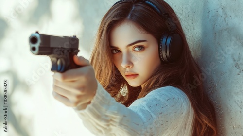 Girl, equipped with protective headphones, practices her shooting stance with a pistol, showcasing skill and concentration in a dynamic setting.