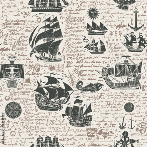 Vector abstract seamless background on the theme of travel, adventure and discovery. Old caravels, vintage sailing yachts, wind roses, anchors and fish and birds in vintage style. With illegible text