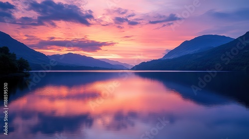 Sunset over a tranquil lake with vibrant reflections, 8k Resolution 
