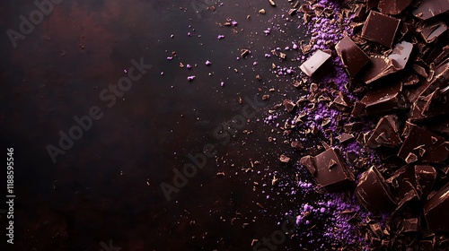 Dark chocolate pieces scattered on dark background photo