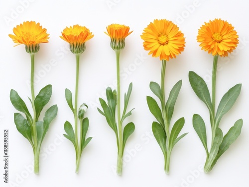 Five orange flowers with green stems