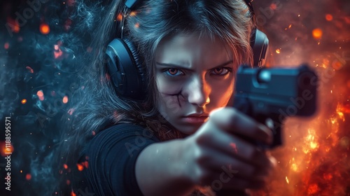 Girl, equipped with protective headphones, practices her shooting stance with a pistol, showcasing skill and concentration in a dynamic setting.