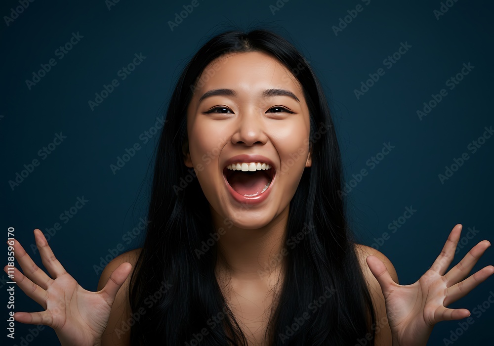 Happy Screaming young woman on dark blue background Happy Screaming young woman on dark blue background