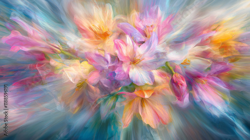 Abstract blurred background of colorful rainbow pastel floral bouquet flowers, grunge soft colors romantic botanical gradient aesthetic flow bloom dreamy vintage explode pattern painting illustration