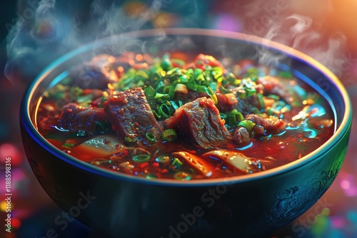 Yukgaejang a traditional Korean spicy beef soup shown at an angle with vivid colors showcasing its ingredients and steam photo