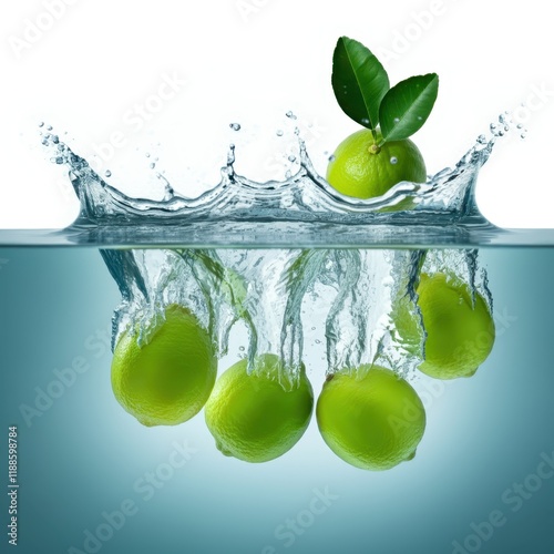 Vibrant green limes, Fresh citrus fruits, Water splashes, Glossy lime leaves, Photorealistic rendering, High detail, Studio lighting, White background with subtle green tint, Refreshing, Zesty, Commer photo