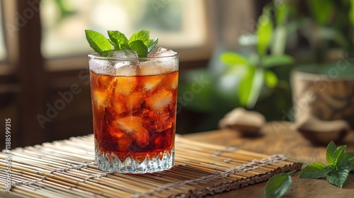 Ice Green tea ready for drink put on bamboo mat with isolated picture.