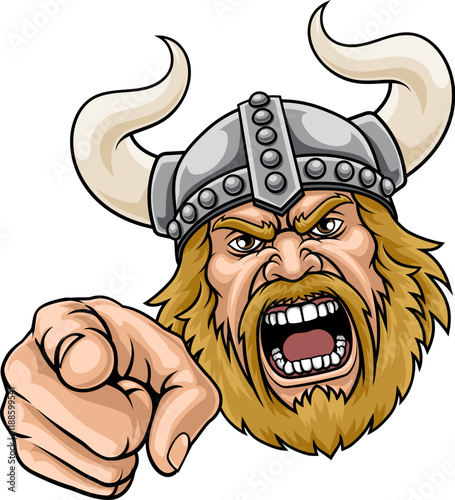 Viking warrior head or face with a horned helmet, angry cartoon sports mascot pointing finger.