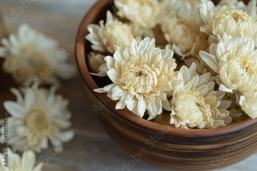 Zoomed in view of dried chrysanthemum blossom for tea photo