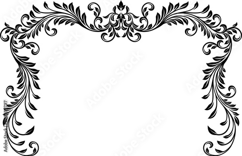 A filigree heraldic crest motif floral pattern border frame. Original design in a vintage style.
