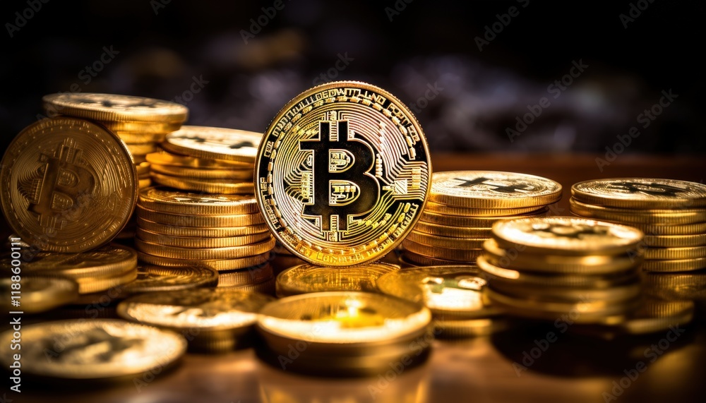 Shiny Bitcoin Coins Piled on a Surface with Warm Lighting Shiny Bitcoin Coins Piled on a Surface with Warm Lighting