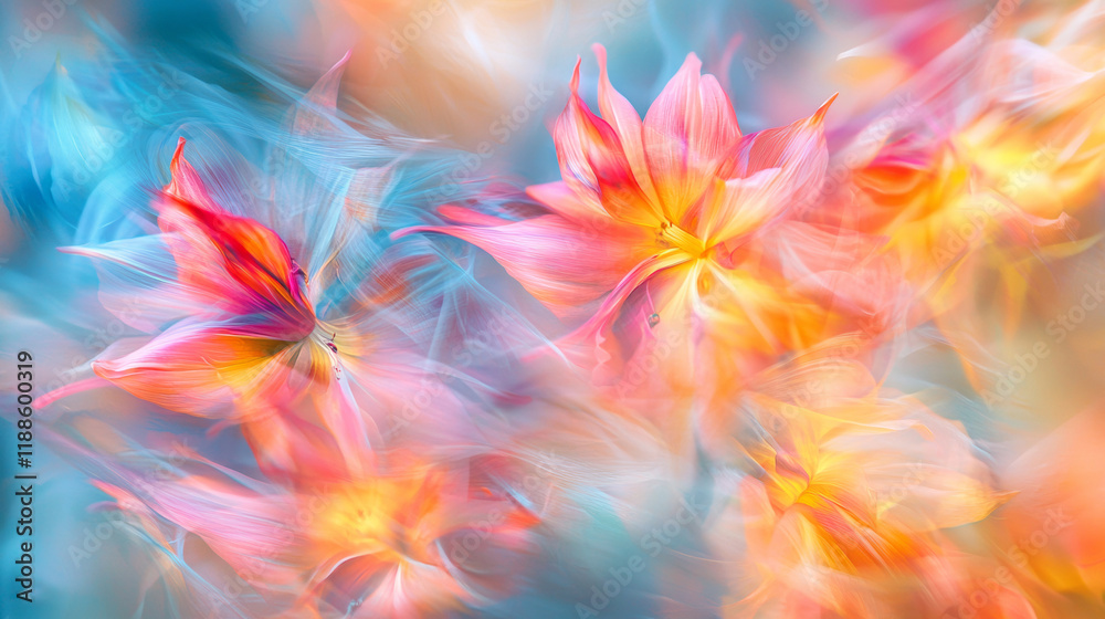 Abstract blurred background of orange blue silk floral bouquet flowers, spring soft colors romantic botanical gradient aesthetic flow bloom dreamy vintage texture pattern painting illustration