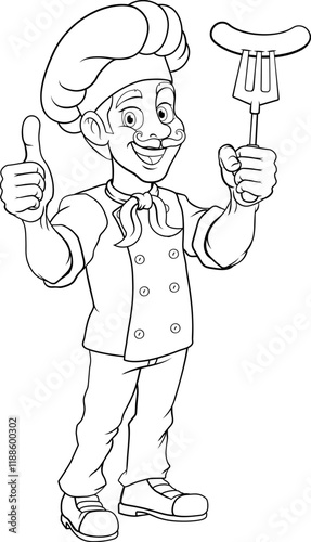 A chef cartoon barbecue cook man giving thumbs up and holding a hotdog or grilled sausage on a BBQ or cooking fork mascot character illustration