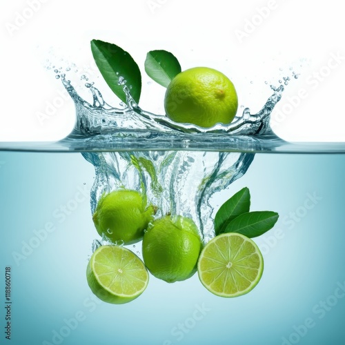 Vibrant green limes, Fresh citrus fruits, Water splashes, Glossy lime leaves, Photorealistic rendering, High detail, Studio lighting, White background with subtle green tint, Refreshing, Zesty, Commer photo