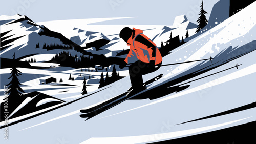A silhouette vector art of a skier gliding down a snowy mountain slope. The skier is wearing a bright orange jacket and black pants, and is trailed by a long, white ski.