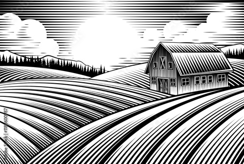 A farm barn building and rolling hills in a vintage woodcut style