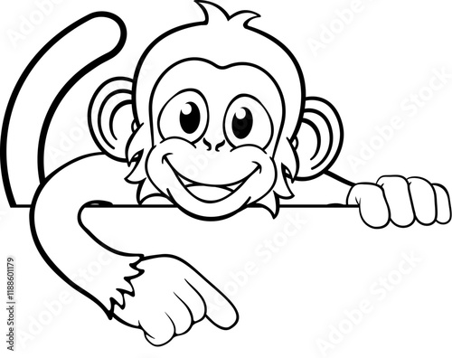 A monkey cartoon character animal peeking over a sign and pointing at it