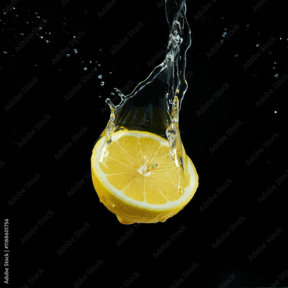 Lemon slice splashing into water, high-speed photography, dark background, water droplets, citrus fruit, refreshing, vibrant yellow, crystal clear liquid, macro shot, dynamic action, studio lighting, 
