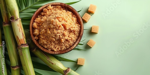 A large writing room with a wooden bowl with jaggery powder plus sugarcane stalks on a pale green backdrop for background use, Generative AI.