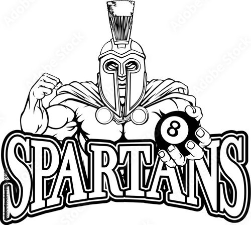 A spartan or trojan angry mean pool billiards mascot cartoon character holding a black 8 ball.