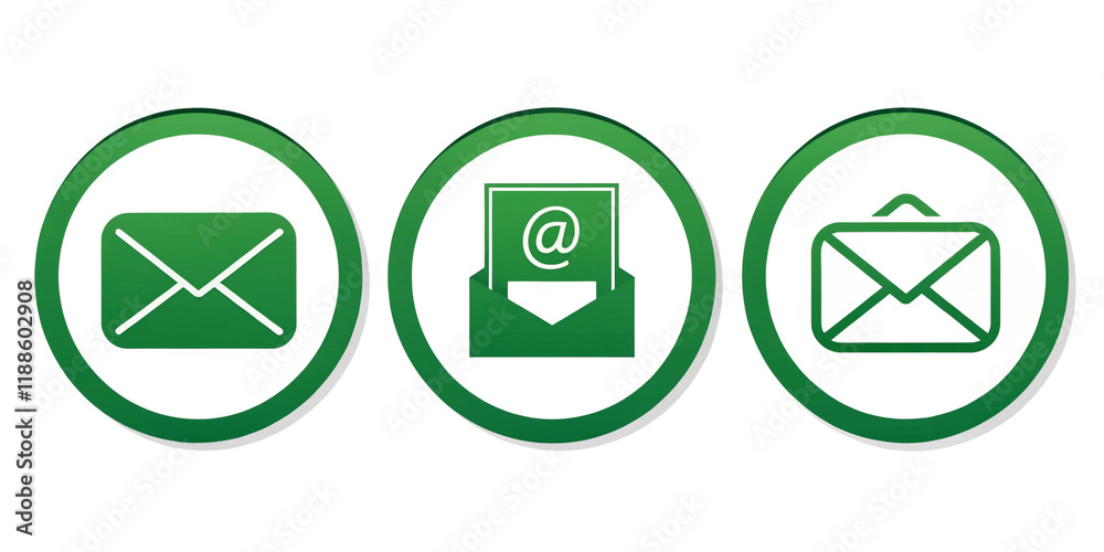 Digital Communication: Green Mail Icons Isolated on White Background Digital Communication: Green Mail Icons Isolated on White Background