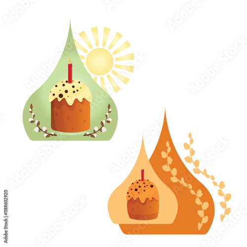  Illustration of an Easter cake with icing and a lit candle. Traditional Russian holiday Easter cupcakes. Русские куличи.