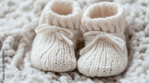 Delicately knitted bootees for newborns are displayed on a gentle background, evoking tenderness and perfect for baby-themed presentations. photo