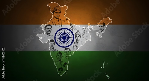 Indian freedom fighter portrait overlayed on tricolor map symbolizing unity patriotism and history for republic day celebration background