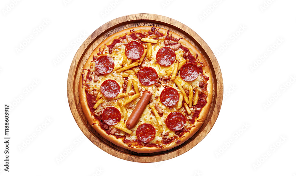 A large pizza on wood isolated on transparent background A large pizza on wood isolated on transparent background