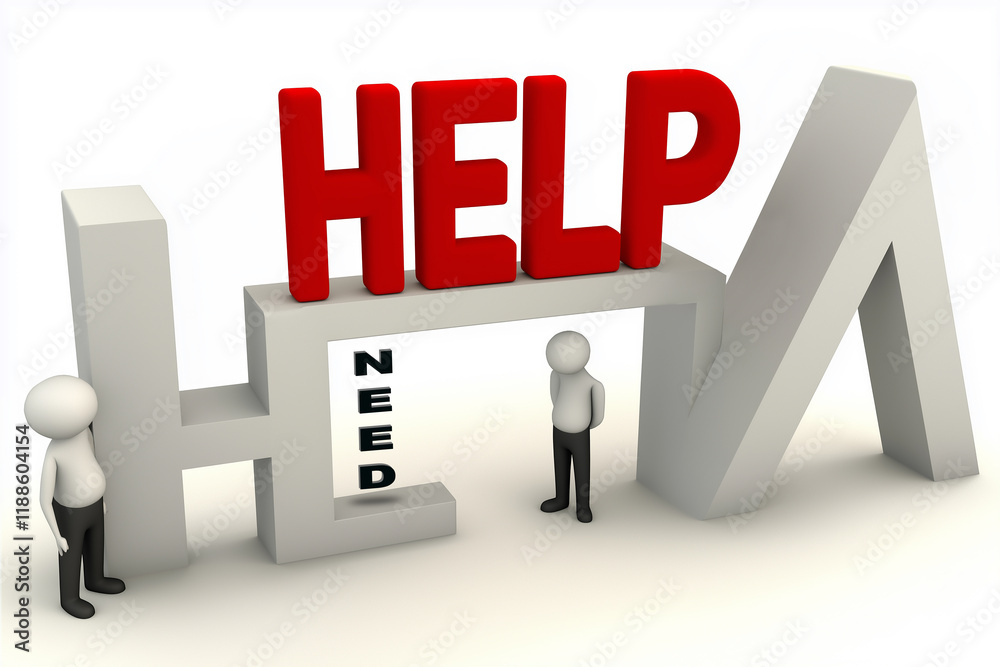 Need help concept. Helping themes. Bright red 3D 