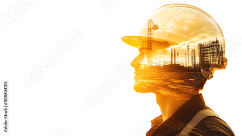 Double exposure of engineer in hard hat against the background of  construction site with copy space