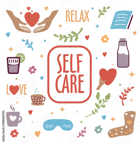 collection self care icon sleeping mask diary letter yourself water cute sock coffee herbal tea love relax life female body mental health illustration