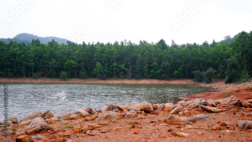 Sight seeing of bangriposi, tourist spot in Odisha. Lake surrounded with forest and rock.