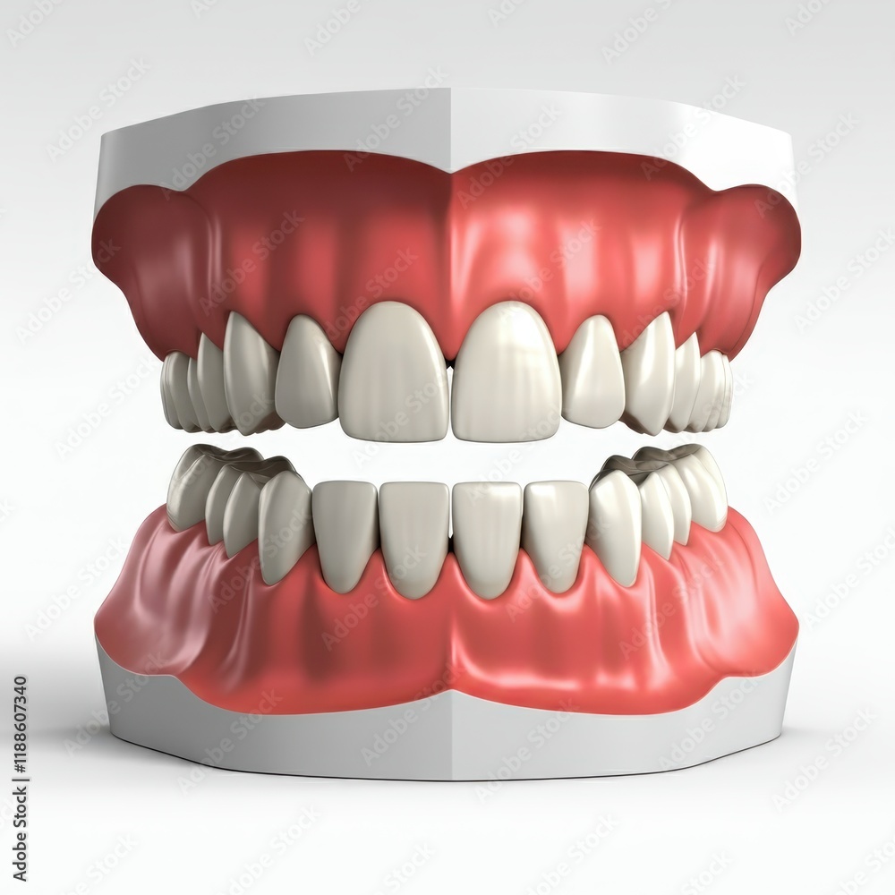 Dental model, full set of teeth, realistic gums, 3D render, anatomical detail, dental education, oral hygiene, white teeth, pink gums, close-up view, medical illustration, dental prosthetics, high res Dental model, full set of teeth, realistic gums, 3D render, anatomical detail, dental education, oral hygiene, white teeth, pink gums, close-up view, medical illustration, dental prosthetics, high res