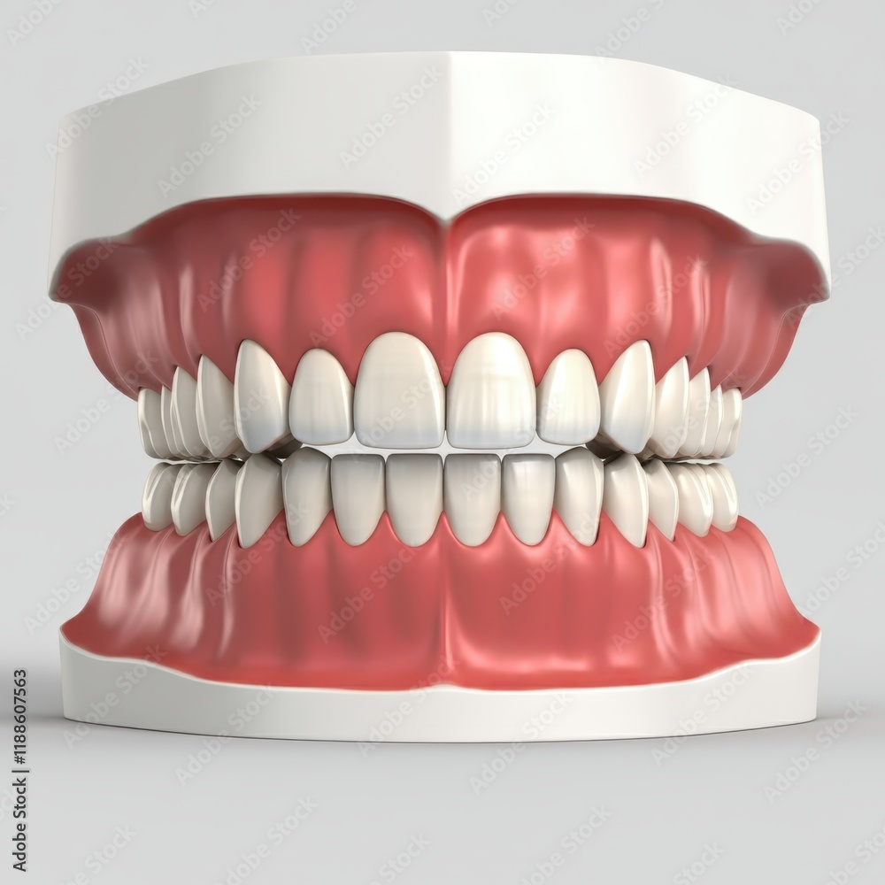 Hyperrealistic dentures, detailed gums and teeth, anatomical model, dental prosthetics, pink gums, white teeth, medical illustration, 3D render, studio lighting, high contrast, sharp focus, glossy tex Hyperrealistic dentures, detailed gums and teeth, anatomical model, dental prosthetics, pink gums, white teeth, medical illustration, 3D render, studio lighting, high contrast, sharp focus, glossy tex