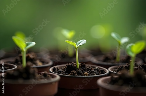 Close up hands with little plant in pot at home. Growing seedling, transplant seeding, planting vegetables, homeplants