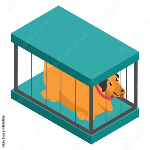 stray dog in cage isometric flat concept, Abandoned pets vector color icon design, Pet and Vet symbol, Animal Shelter sign, four legged friends stock illustration 
