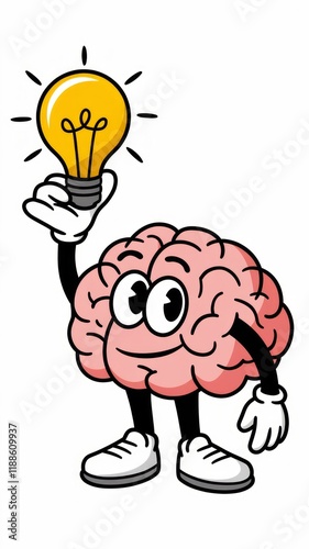 Mascot Logo of a Cartoon Brain Wearing Gloves and White Shoes, Holding a Light Bulb on a White Background Generative AI photo