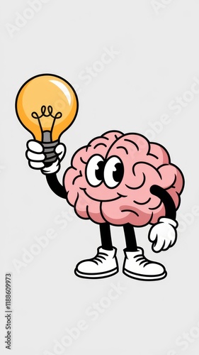 Mascot Logo of a Cartoon Brain Wearing Gloves and White Shoes, Holding a Light Bulb on a White Background Generative AI photo