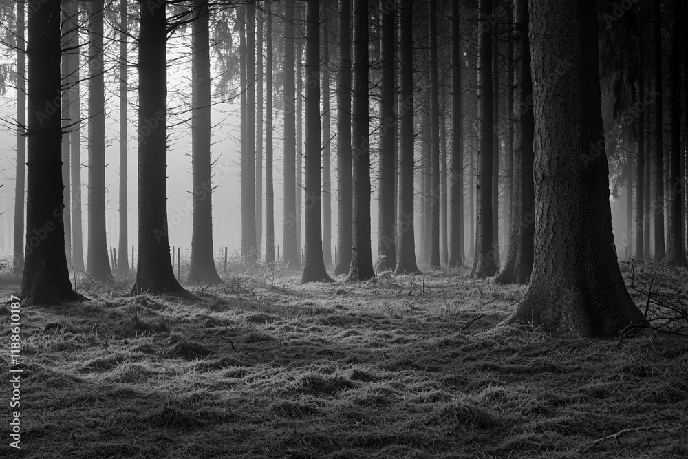 Naklejka premium Gloomy forest enveloped in thick fog