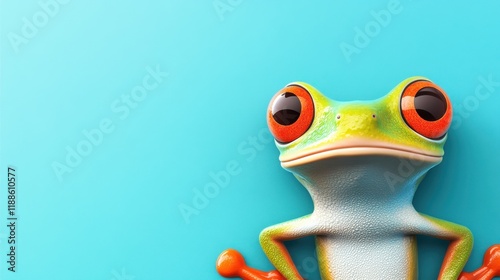 Adorable Red-Eyed Tree Frog Posing Against a Vibrant Turquoise Background A Fun and Playful 3D Rendered Image photo