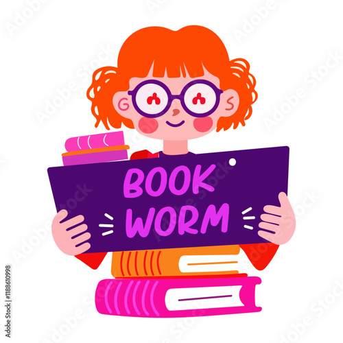 A bookworm girl holding stack of books, flat sticker