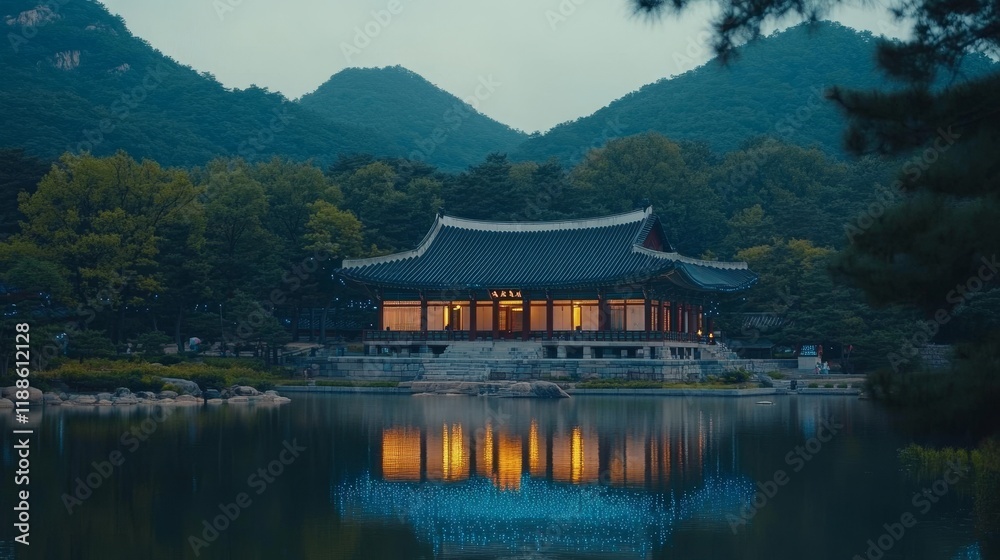 Fototapeta premium Tranquil Korean Palace on Lake with Stunning Night Reflections and Lush Forest Background