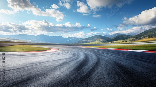 A scenic view of a winding racetrack under a blue sky with fluffy clouds, surrounded by lush green mountains. photo