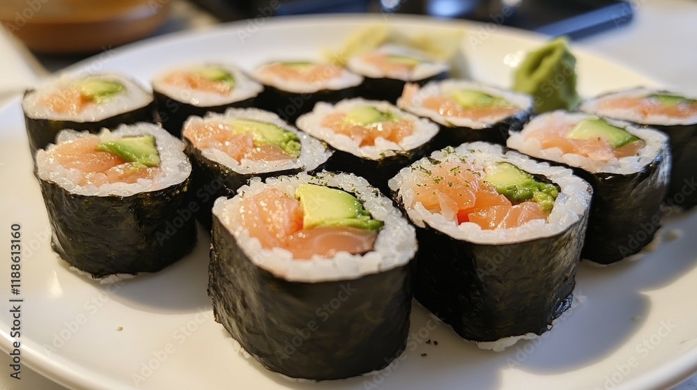 A beautifully styled plate of sushi rolls with salmon and avocado, served on a modern white plate with a wasabi garnish A beautifully styled plate of sushi rolls with salmon and avocado, served on a modern white plate with a wasabi garnish