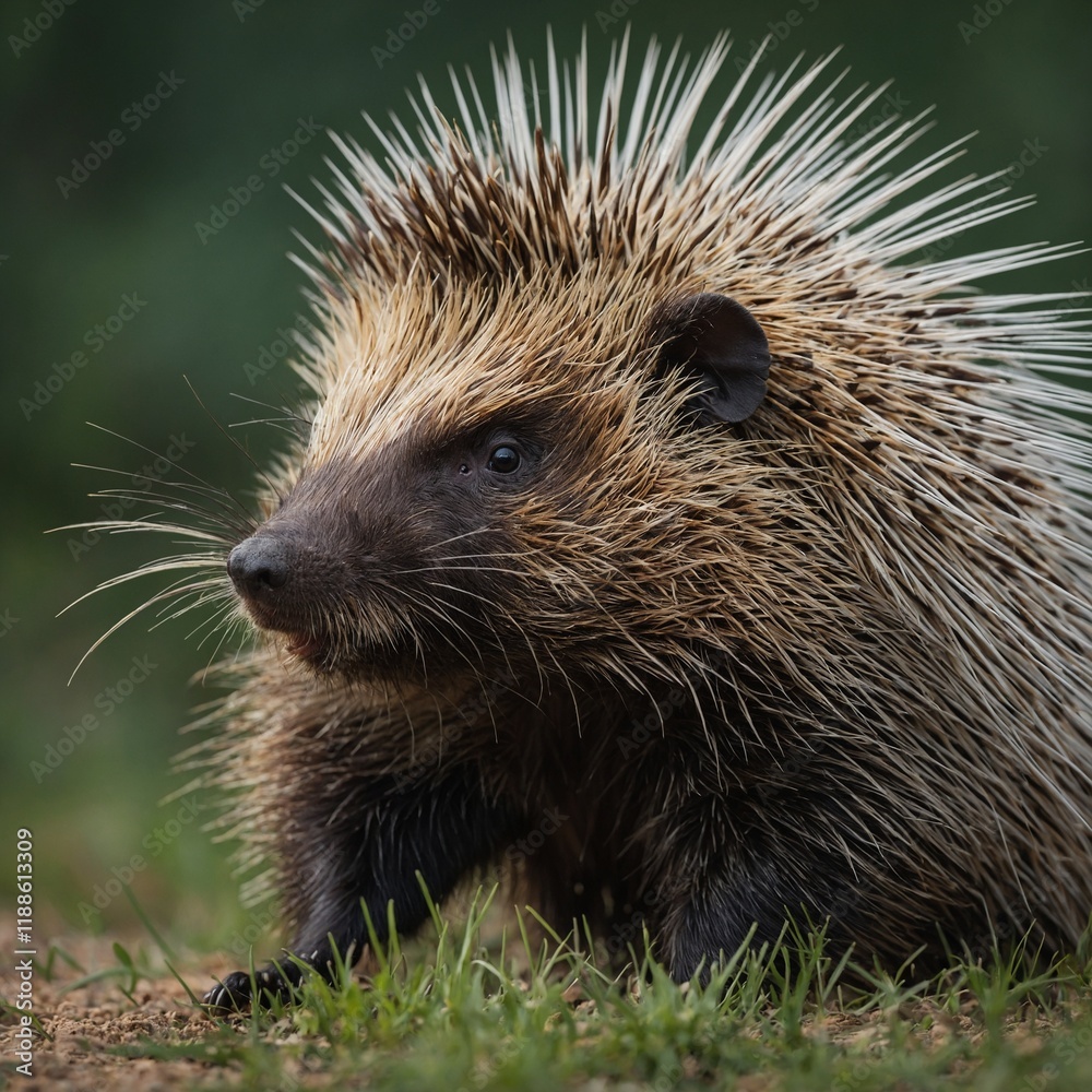 A porcupine in a playful stance with its quills beautifully fanned out.
A porcupine in a playful stance with its quills beautifully fanned out.