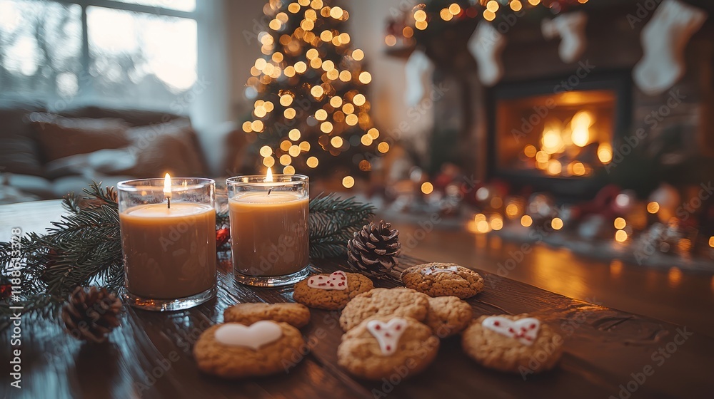 Cozy holiday scene with cookies and candles. Cozy holiday scene with cookies and candles.